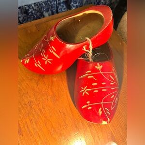 1982 Vintage Dutch Red Wooden Clogs with Floral Design - for room decor or kids!